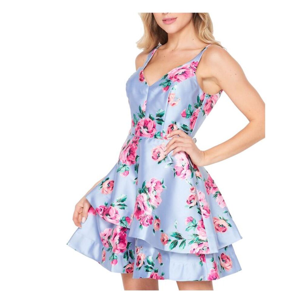 TEEZE ME Womens Dress Light Blue Spaghetti Strap V-back; Skirt Juniors 3\4